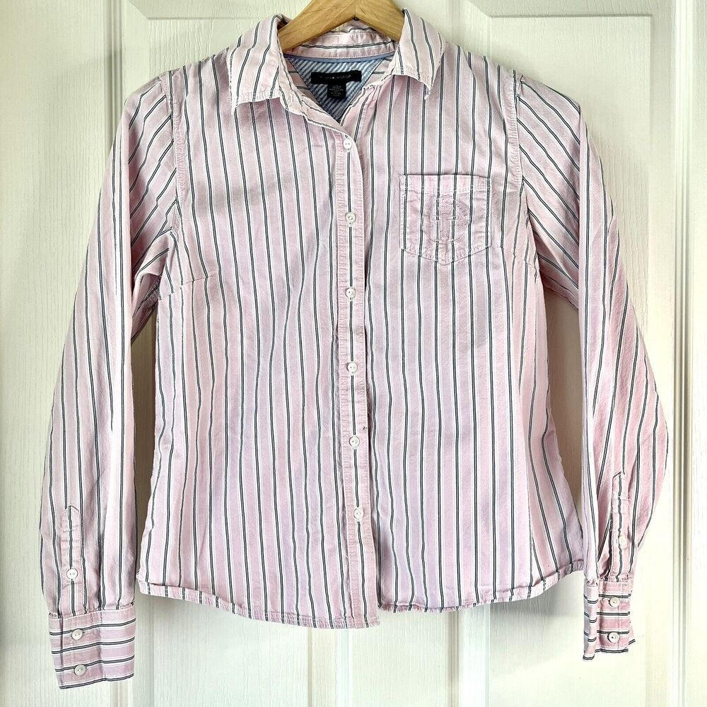 Tommy Hilfiger Boys Medium Pink & Blue Striped Button Down Shirt Long Sleeve